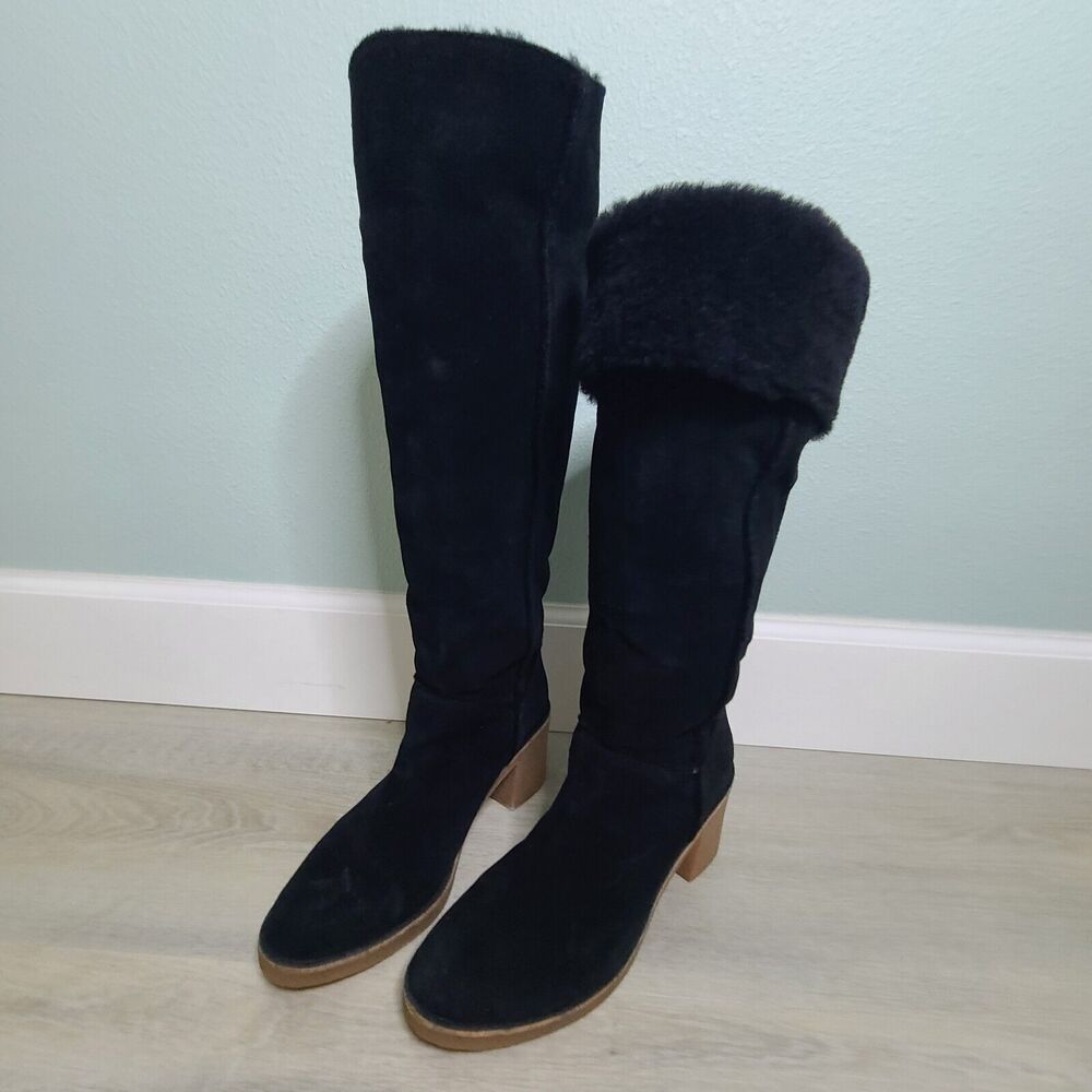 UGG Australia Kasen Boots Tall Black Suede Heeled Sheepskin Lined Womens SZ 9.5 - Picture 1 of 10